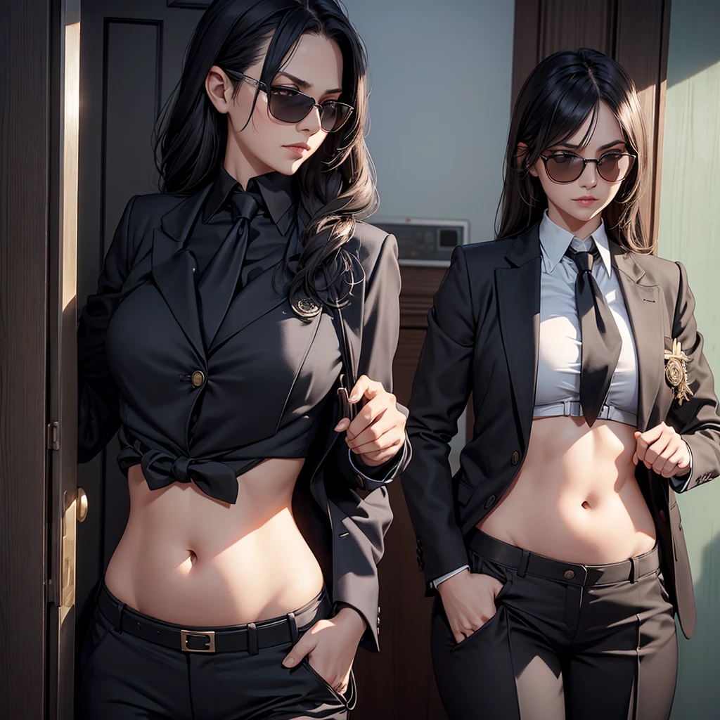 night time, Woman in professional crop top suit, trousers, Show belly, Realistic navel shape, necktie, black sun glasses, secret organization, holding pistol, knock on the door, MIB, fat
