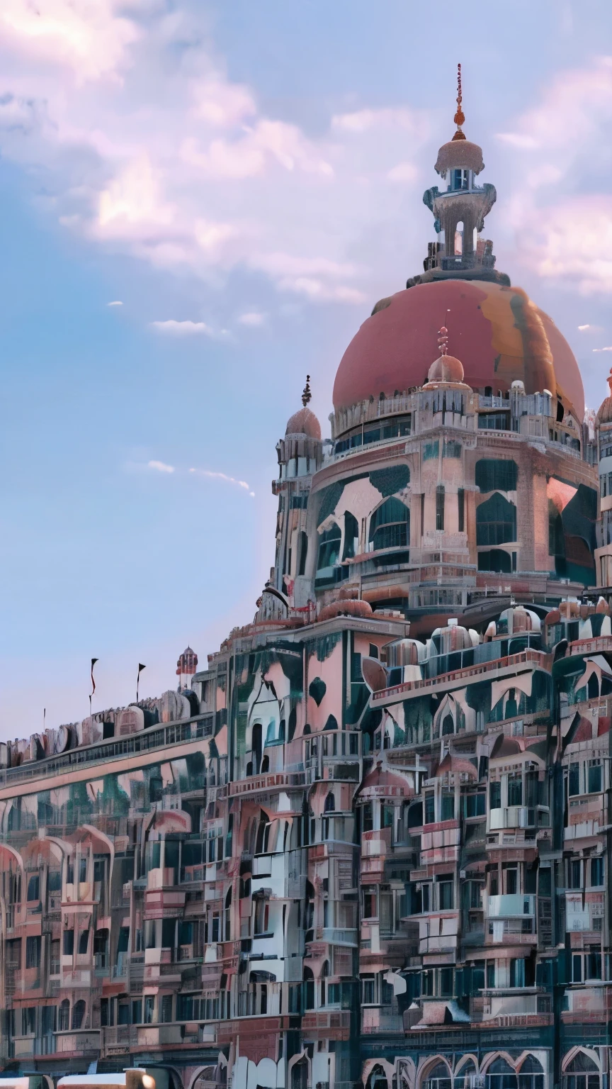 araffature of a large building with a red dome on top, mumbai in the future, with great domes and arches, in a city with a rich history, ornate tiled architecture, ornate carved architecture, streets of mumbai, ornate architecture, in sci - fi mumbai, indian temple, stunning grand architecture, gorgeous buildings, tourist destination, india, pink marble building