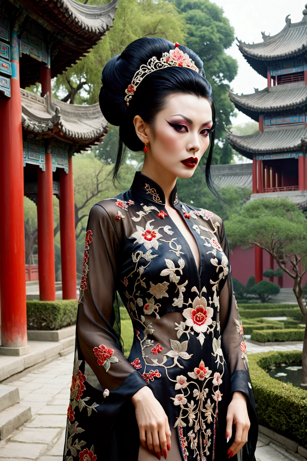 1 woman (Vampira Maila Nurmi, age 25, intricate silk Chinese dress with lots of embroidery sheer with several large slits, no underwear, traditional hairstyle and Chinese makeup) wandering through a palace garden
