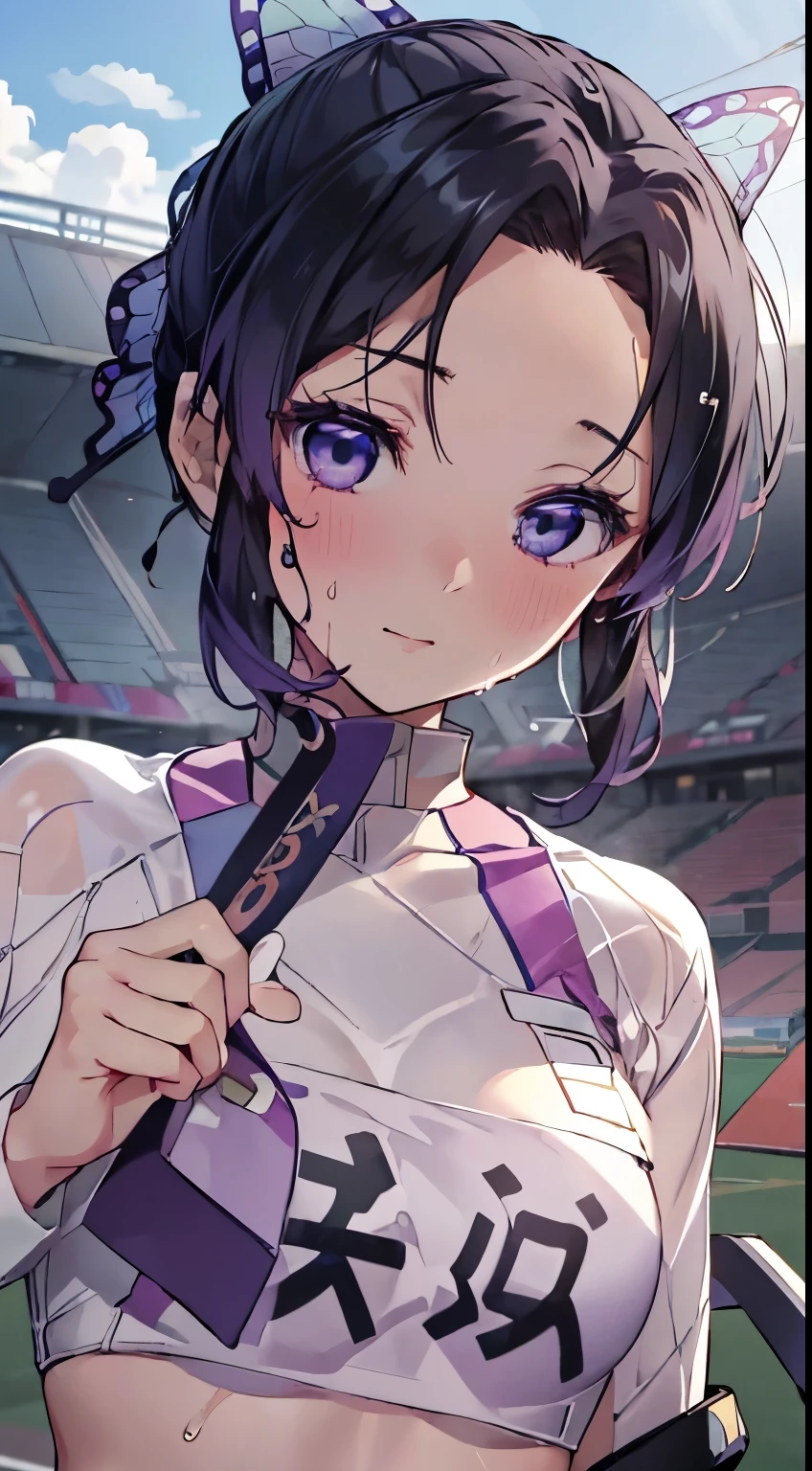 Browsing Caution, Olympic, Olympia, gold medal, kochou shinobu, whole body, Uplifting, Ultra-realistic 8K CG,masterpiece,Angle from the auditorium,Run at full speed, Underbust, Look at the goal, ((Highly detailed background,Delicate pattern,Intricate details, Detailed and beautiful eyes)),The best quality in the best condition,とてもとてもとても詳細なface,(((Stadium, Arena))),, (((Serious expression, Sweat))), , , Highly detailed eyesとface,Highly detailed eyes,kochou shinobu,Multicolored Hair,No bangs,Hair Intake,Track and field uniforms, Purple eyes,Haori,butterfly,band,(熱band庭園:1.2),Purple Flower,mostly cloudy null,Light of the sun,Tyndall effect,slope_null,face,beautiful null,,Seductive posture,(Mid-chest:1.3),(Athletics Costumes:1.6)
