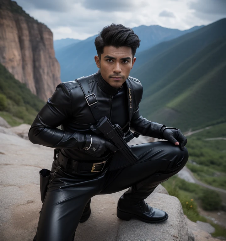 30 years old,One Man,Black bodysuit,evening、Cliff in the mountains、Squat with your legs wide apart、Hold a gun,logic,Gay ,Very short hair,Stubble,Sri Lankan face。Cool handsome guy、Combatant　Fighting spirit　Shocker Belt　Black boots　Black leather gloves　The  area is bulging 