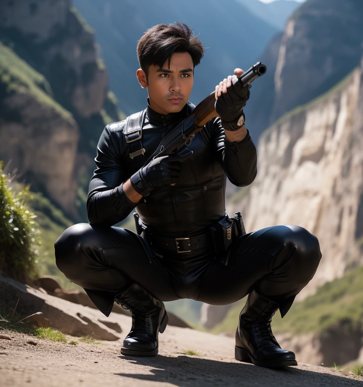 30 years old,One Man,Black bodysuit,evening、Cliff in the mountains、Squat with your legs wide apart、Hold a gun,logic,Gay ,Very short hair,Stubble,Sri Lankan face。Cool handsome guy、Combatant　Fighting spirit　Shocker Belt　Black boots　Black leather gloves　The crotch area is bulging 