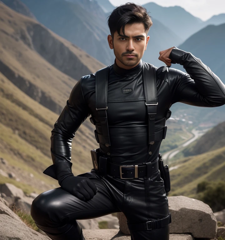 30 years old,One Man,Black bodysuit,evening、Cliff in the mountains、Squat with your legs wide apart、Hold a gun,logic,Gay ,Very short hair,Stubble,Sri Lankan face。Cool handsome guy、Combatant Fighting spirit Shocker Belt Black boots Black leather gloves The crotch area is bulging
