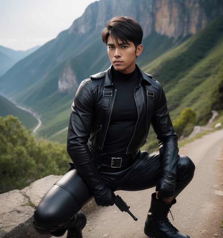30 years old,One Man,Black bodysuit,evening、Cliff in the mountains、Squat with your legs wide apart、Hold a gun,logic,Gay ,Very short hair,Stubble,Sri Lankan face。Cool handsome guy、Combatant Fighting spirit Shocker Belt Black boots Black leather gloves The crotch area is bulging