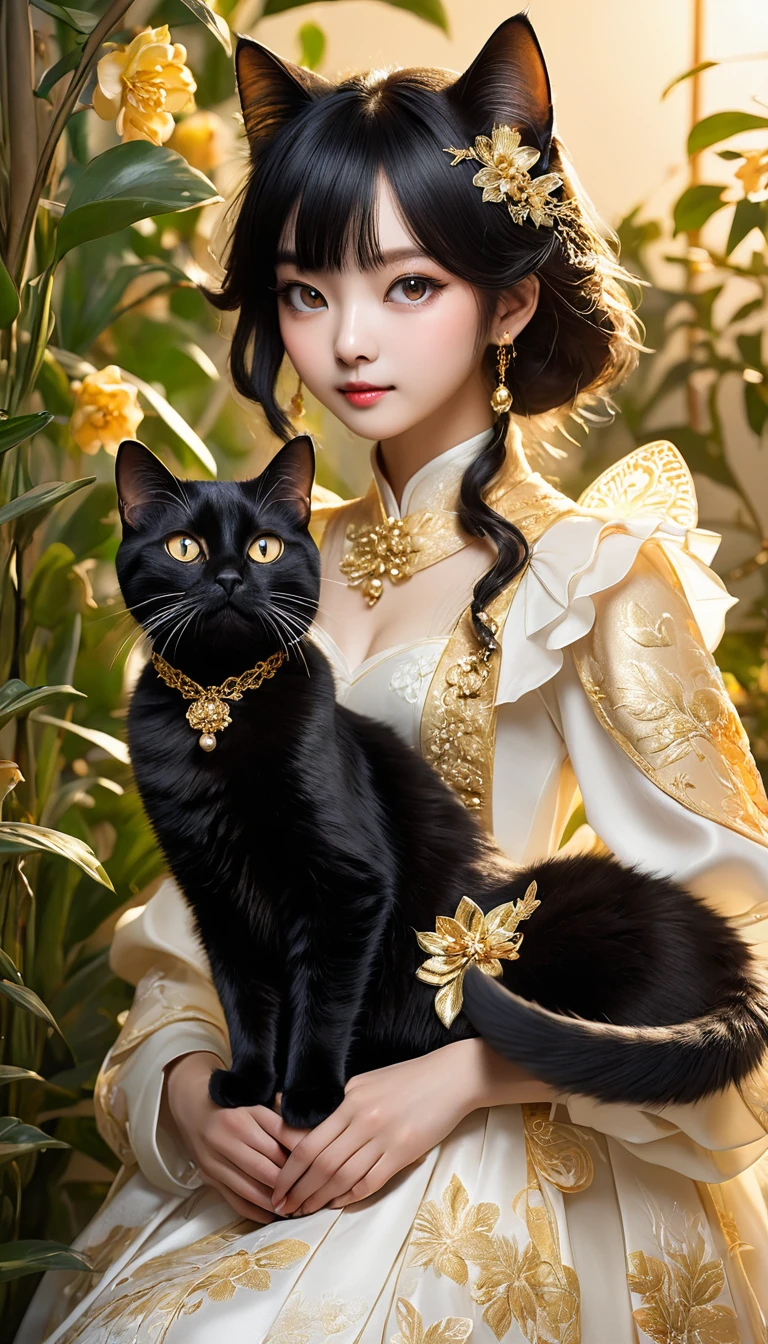 Dressed(Cat)の写実的な肖像画 - 美しい黒髪ロングストレートヘアCatの擬人化, (人型Cat）人型Cat、不思議な森の中に立つ植物と花で構成された人型Cat、青いMelancholyな瞳、Fairy、Close-up、Highly detailed decorations,, (Melancholy),Golden Hour、Backlight、Dramatic Light(Full body image:1.5)