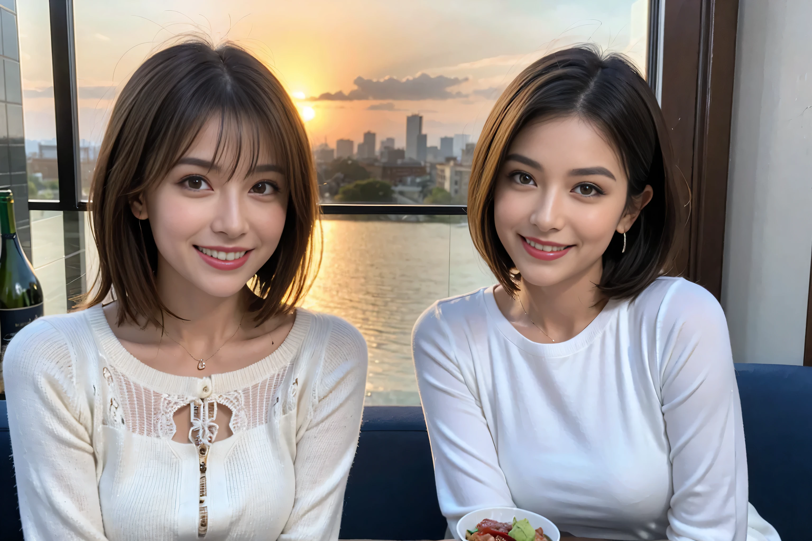 (Realistic:1.1),(masterpiece,Highest quality),8k,(49 years old), 53 years old, slimカップル、Tight waist,Upper Body,full-course dinner、wine 、Amazing view of the sunset sky and clouds、Perfect Anatomy, Brown Hair, short hair,Random Hairstyles,((Highly detailed face and eyes:1.2)),Perfect golden ratio face,Long sleeve shirt、dress,(smile:1.2)、Shortcuts、cute、(Realistic, Intricate details:1.2), A bright smile、short hair,Bright Face、赤wine 、Appetizers、Italian food、wine bottle、Champagne、スパークリングwine、(slimな顔), (The body is slim), (Brown Hair), (Shortcuts), Upper Body, 白wine, slim, wineグラス,