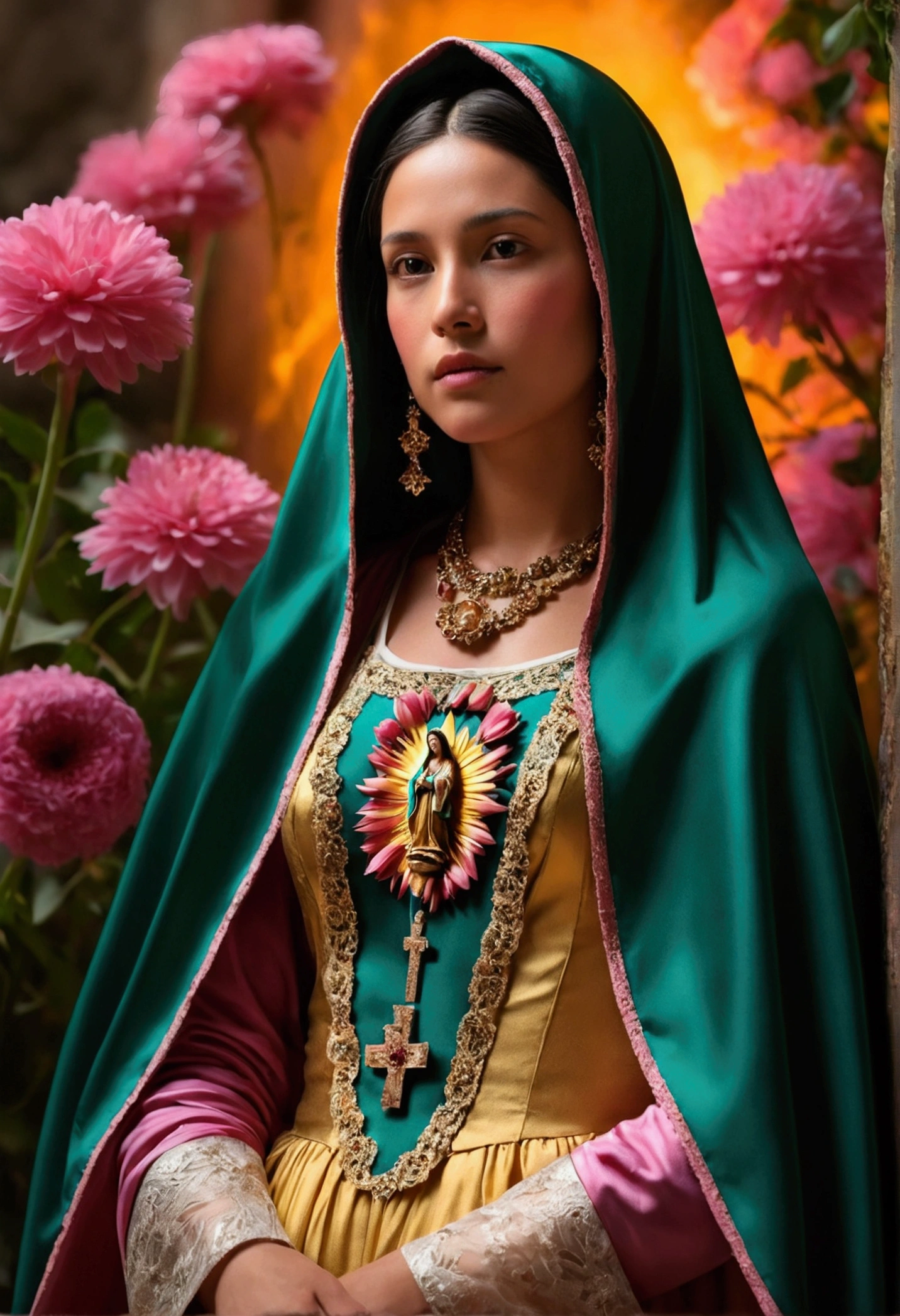 n a low-light, 16k resolution scene, a Masterpiece:1.2 camera captures a stunning image of the Virgin of Guadalupe, perched atop a hill amidst an explosion of vibrant flowers. The shallow depth of field blurs the background, emphasizing her serene presence. Her emerald green cloak cascades down her back like a waterfall, while her delicate pink long gown softly glows in a warm golden light, blooming at her feet, as if paying homage to this revered figure. The camera gently pans across the scene, showcasing the intricate details of the subjects’ skin texture and poses.