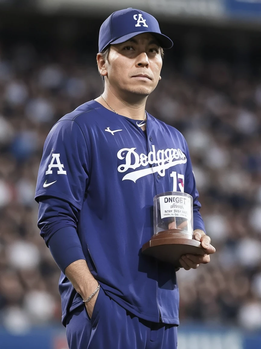 (Award-Winning Moment), male, alone, baseball, baseball選手, Award-Winner, stage, (Trophy), Spotlight, applause, Los Angeles Dodgersのユニフォーム, Audience in the background, 