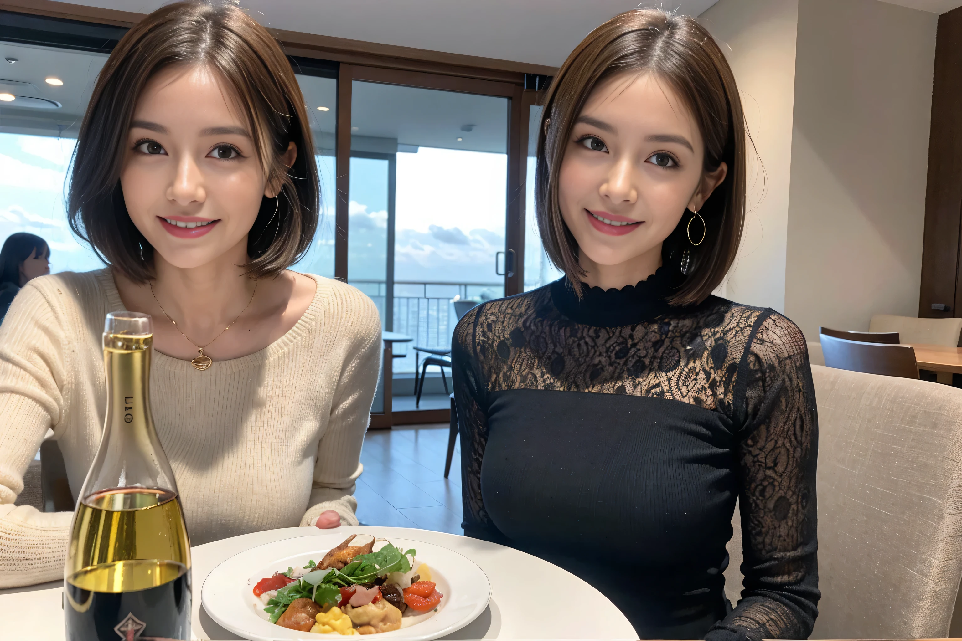(Realistic:1.1),(masterpiece,Highest quality),8k,(49 years old), 53 years old, slimカップル、Tight waist,Upper Body,full-course dinner、wine 、Amazing view of the sunset sky and clouds、Perfect Anatomy, Brown Hair, short hair,Random Hairstyles,((Highly detailed face and eyes:1.2)),Perfect golden ratio face,Long sleeve shirt、dress,(smile:1.2)、Shortcuts、cute、(Realistic, Intricate details:1.2), A bright smile、short hair,Bright Face、赤wine 、Appetizers、Italian food、wine bottle、Champagne、スパークリングwine、(slimな顔), (The body is slim), (Brown Hair), (Shortcuts), Upper Body, 白wine, slim, wineグラス,