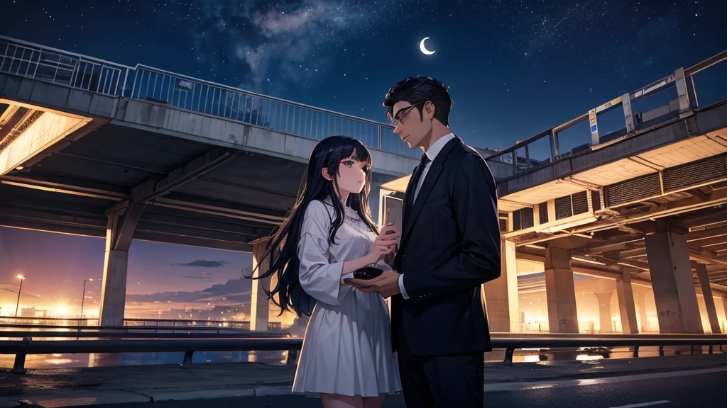 Under the majestic night sky with the moon hanging above, a man and a woman meet beneath the highway overpass