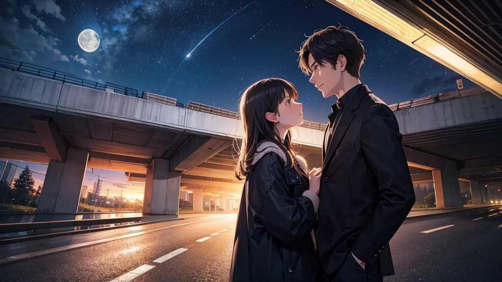 Under the majestic night sky with the moon hanging above, a man and a woman meet beneath the highway overpass