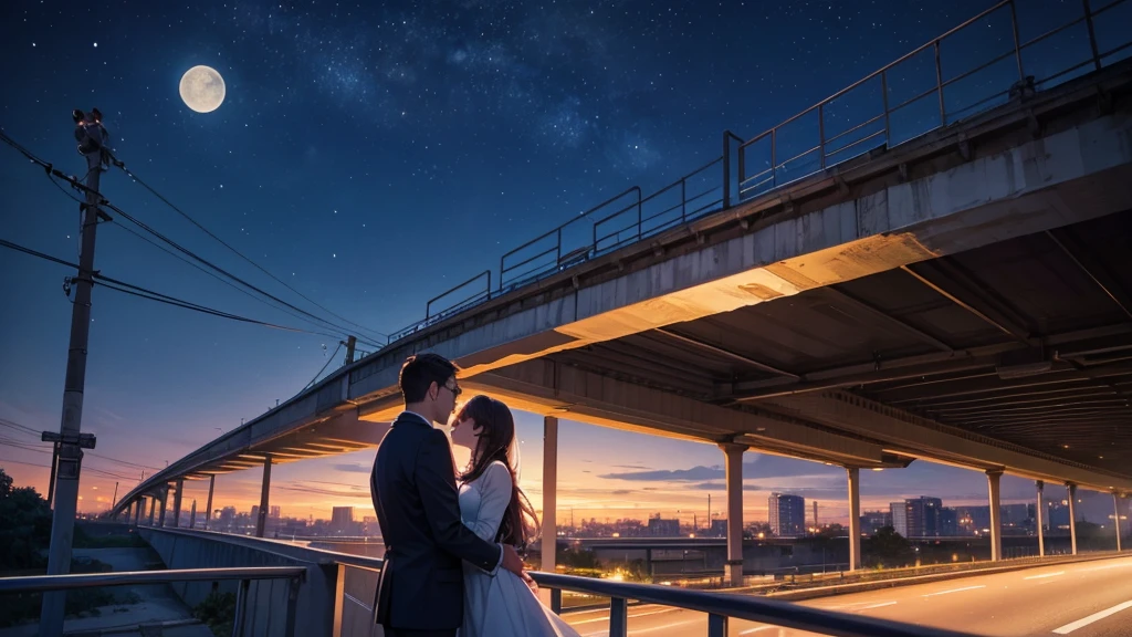 Under the majestic night sky with the moon hanging above, a man and a woman meet beneath the highway overpass
