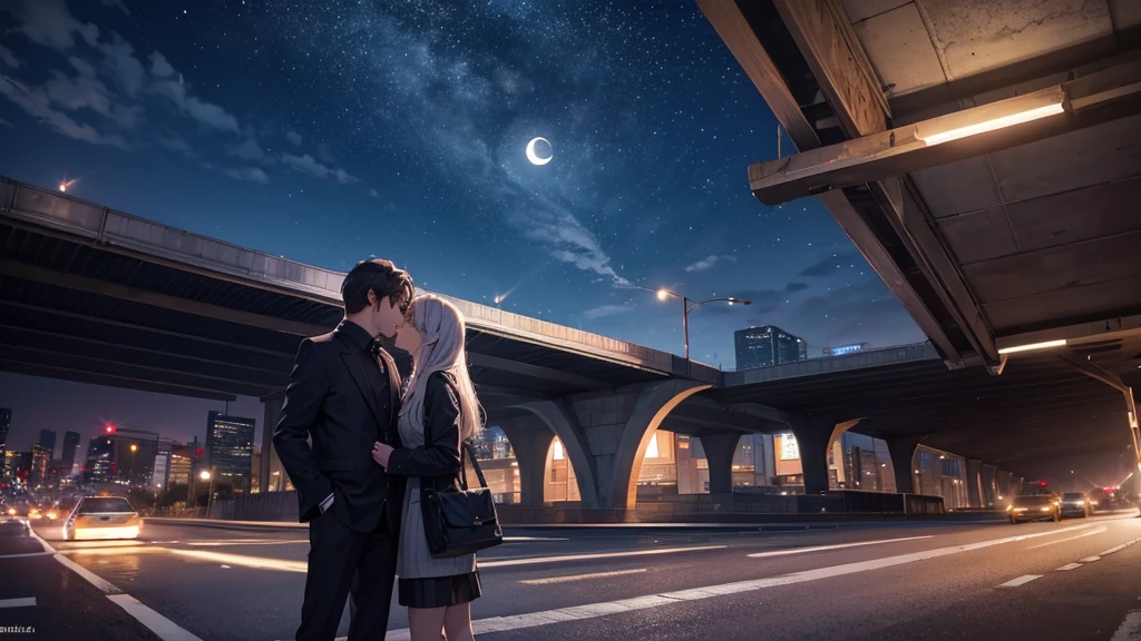 Under the majestic night sky with the moon hanging above, a man and a woman meet beneath the highway overpass