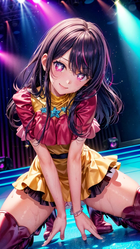 a girl is posing on idol stage, dynamic sexy pose:1.5, spread legs,

 ((1 girl, Hoshino Ai, smiling
slender:1.5, sweat on body:1.8, wet on panty:1.5
porple long hair:1.5, 
Create beautiful highlights in eyes, eye highlights sparkle and stand out, Emphasize the star-like reflections in eyes, Add detailed and bright pupils to eyes, Drawing large, shimmering pupils, Incorporate natural gradients and reflections in  eyes, purple eyes with white highlights, reflecting light from an angle, Eyes with a teardrop-like sparkle, break,
wearing Hoshino Ai's costume, wearing a girl iconic idol outfit with a sparkling dress, Include a girl detailed and colorful idol costume, with a short skirt and elaborate design, Add a star-shaped accessory to a girl's outfit, Ai with a vibrant, eye-catching idol dress, adorned with sequins and glitter, Incorporate bright, bold colors in costume, such as pink and blue, costume should have ruffles, bows, and other decorative elements, costume with a blend of modern and traditional idol fashion elements, Make sure to include a girl's signature accessories and jewelry, break,
Pink open Crotch Lingerie:1.5,
pink highthigh leather boots:1.8, boot's heel is high,
masculer:0.5
midium breasts,
low stature)), 

(wide shot, from below:1.5 skirtup:1.5, skirt inside:1.5, showing panty),


(nsfw, best quality, 4K, 8k, high res, masterpiece:1.2), detailed, (Hyper realistic, photorealistic, photo-realistic:1.37), HDR, UHD, ultra-fine painting, sharp focus, physically based rendering, extreme detail description, professional,