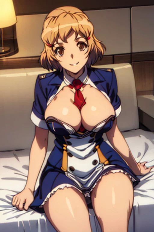 masterpiece, Highest quality, look up, Looking at the audience, smile, short hair, blonde, Red ribbon in hair, (uniform:1.2), Hotel,A seductive smile ,Dirty face,Sit on the bed, The chest is exposed, Extreme close up, Very elaborate fingers, Very thin needles