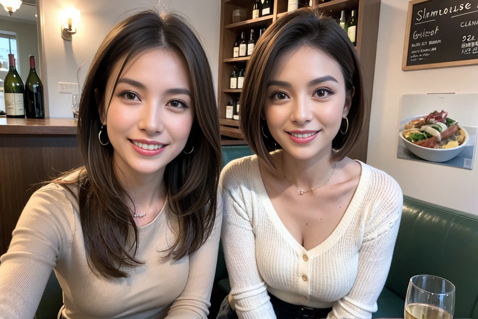 （Realistic:1.1）,(masterpiece,Highest quality)，8k,(49 years old), 53 years old, slimカップル、Tight waist,Upper Body,full-course dinner、wine 、Amazing view of the sunset sky and clouds、Perfect Anatomy, Brown Hair, short hair,Random Hairstyles,((Highly detailed face and eyes:1.2))，Perfect golden ratio face，Long sleeve shirt、dress,(smile:1.2)、Shortcuts、cute、(Realistic, Intricate details:1.2), A bright smile、short hair,Bright Face、赤wine 、Appetizers、Italian food、wine bottle、Champagne、スパークリングwine、(slimな顔), (The body is slim), (Brown Hair), (Shortcuts),  Upper Body, 白wine, slim, wineグラス, 