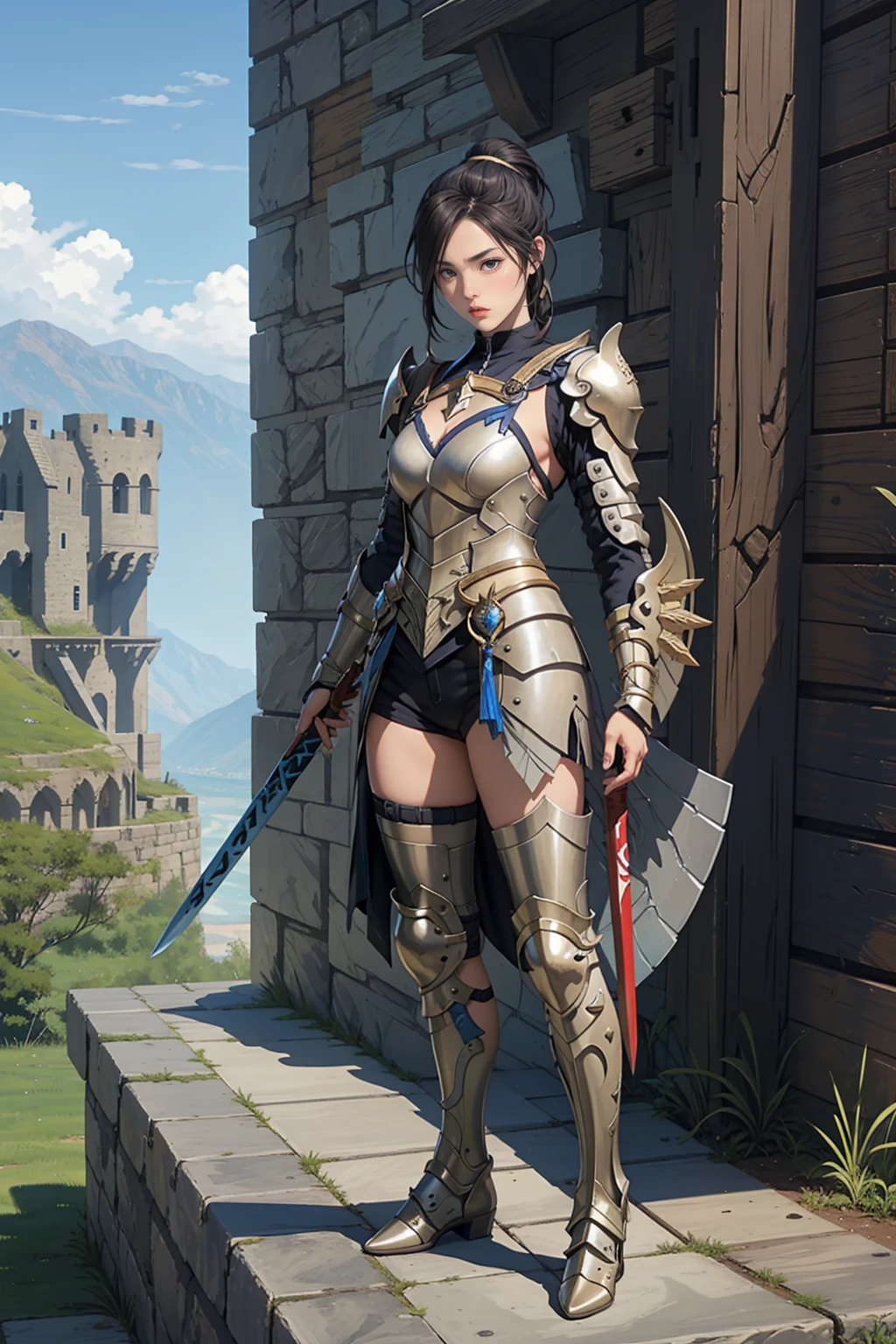 1 girl, black ponytail hair, wearing ((valkyrie armor))knight armor((barioth x armor)), standing outside castle, holding long sword, serious face, fullbody shot, 