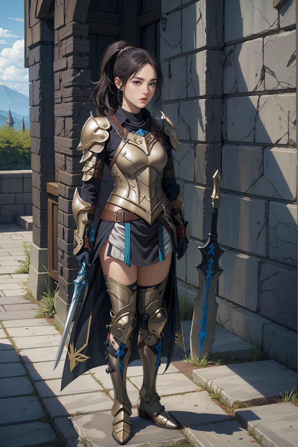 1 girl, black ponytail hair, wearing ((valkyrie armor))knight armor((barioth x armor)), standing outside castle, holding long sword, serious face, fullbody shot, 