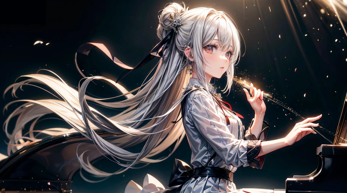 Woman playing piano, 1 girl、Particles of light, White Dress, masterpiece、(Detailed eye features)、(Detailed facial features)、(Detailed clothing features)、shirt、hair band、Red eyes、Skirt、Best、Long sleeve、Blonde、白のshirt、Neck ribbon、襟付きshirt、Black Skirt、黒いBest、From the side、Depth of written boundary、Particles of light、Piano chair, Classical Music, 