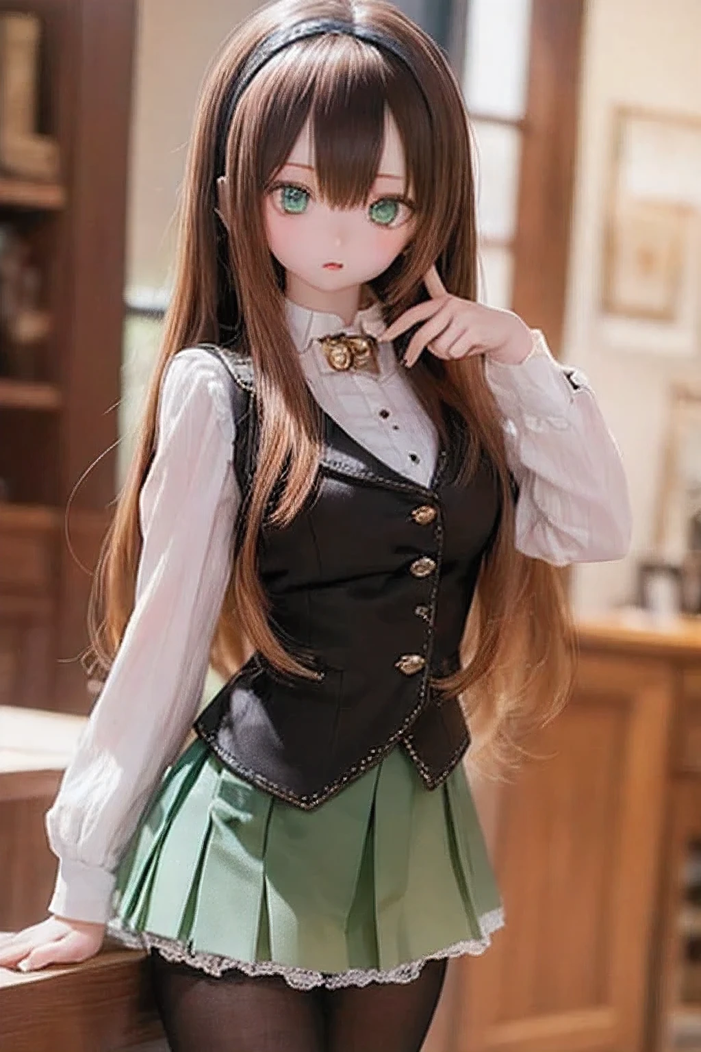 (SFW:2), photorealistic, realistic photo, 8k, ((highest quality)), ((masterpiece)), (extremely detailed), kukolnydom, doll, (mature woman, 21yo, 21 years old, solo:1.6), ((cowboy shot, stylish pose, slim, slender, skinny, medium breasts, hairband, ascot, vest, blouse, long puff sleeves, pleated skirt, black pantyhose)), (green eyes, brown hair, long hair, plastic skin, looking at another, glass eyes, gradient eyes, shining eyes, detailed eyes:1.3)