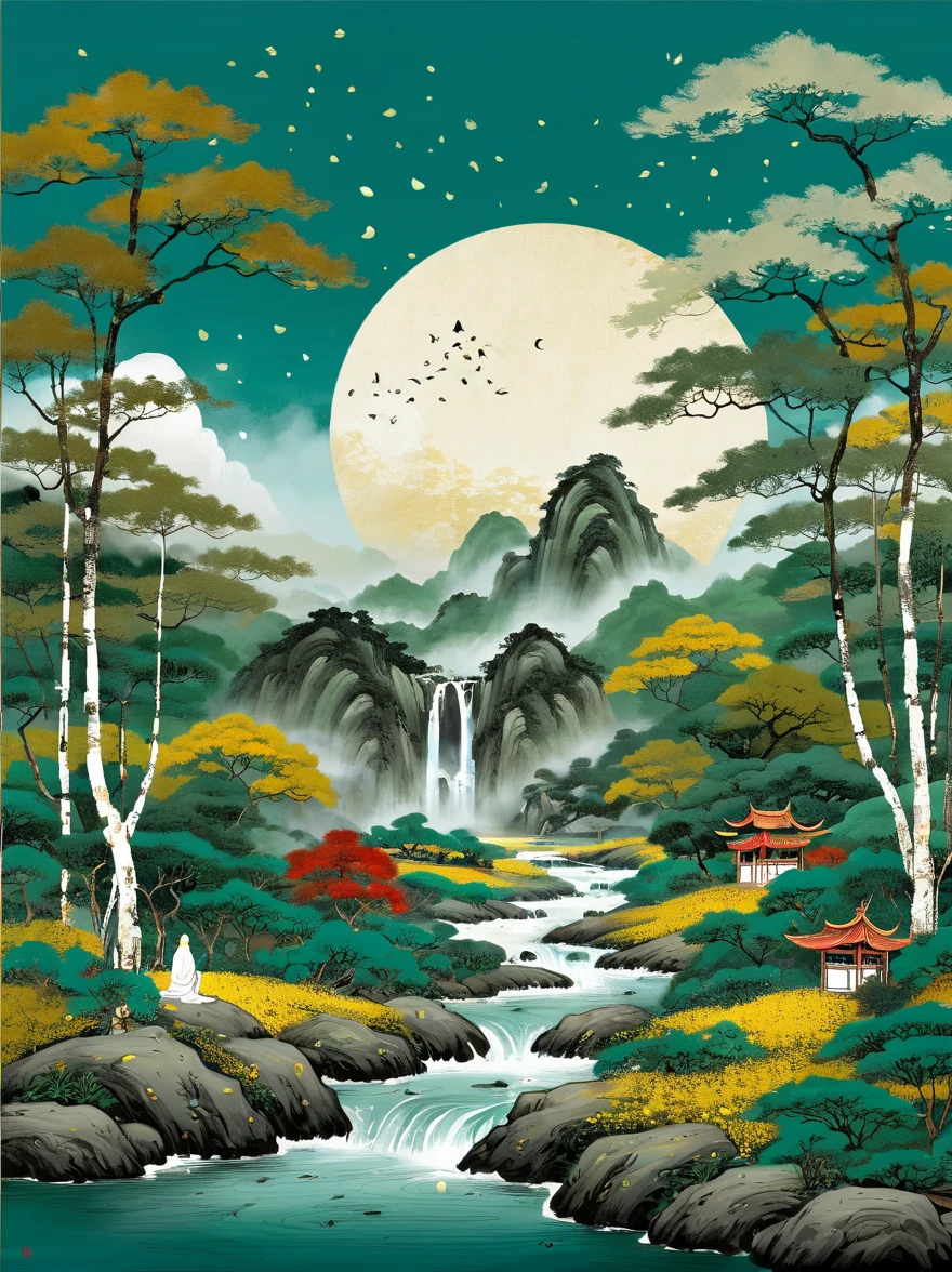 (n style of Wu Guanzhong:1.9),（close up：1.8），Ancient Forest，White-haired Taoist，漂浮的lotus石，Meditate cross-legged，Cyan robe，Gold moire，Ancient Characters，Rotating halo，Golden beams of light in the sky，A sacred breath，forest creatures，peaceful，Sandalwood scent，Mountain stream sound，Mysterious scene，Yin and Yang symbols，I Ching Hexagrams，Rolling mist，lotus，peaceful的氛围，peaceful的自然场景，（Best quality，8k，high resolution，masterpiece），Super detailed，Concept Art，Intricate details，Ambient Lighting，Cinema Effect，Vibrant colors