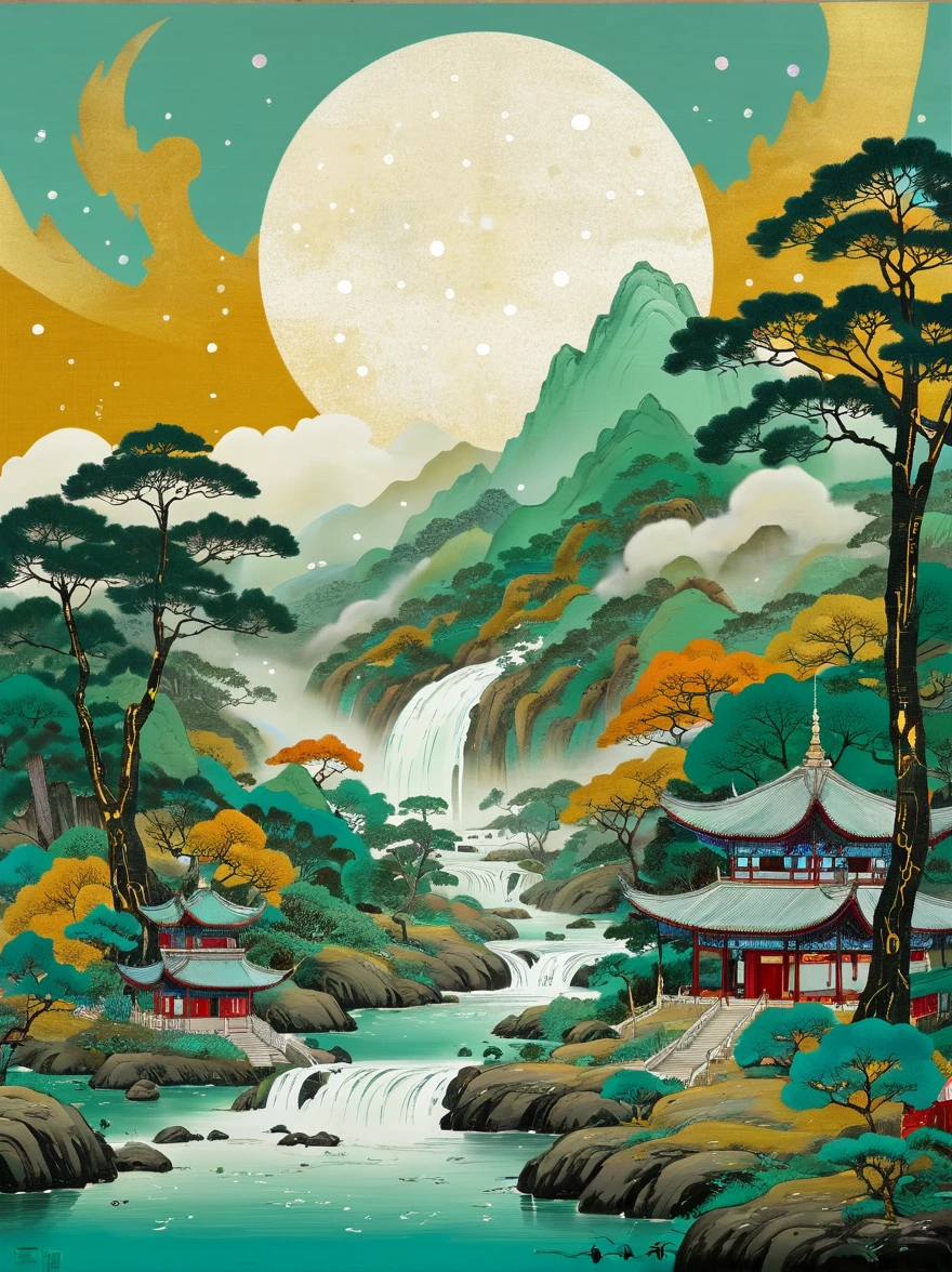 (n style of Wu Guanzhong:1.9),(close up:1.8),Ancient Forest,White-haired Taoist,漂浮的lotus石,Meditate cross-legged,Cyan robe,Gold moire,Ancient Characters,Rotating halo,Golden beams of light in the sky,A sacred breath,forest creatures,peaceful,Sandalwood scent,Mountain stream sound,Mysterious scene,Yin and Yang symbols,I Ching Hexagrams,Rolling mist,lotus,peaceful的氛围,peaceful的自然场景,(Best quality,8k,high resolution,masterpiece),Super detailed,Concept Art,Intricate details,Ambient Lighting,Cinema Effect,Vibrant colors