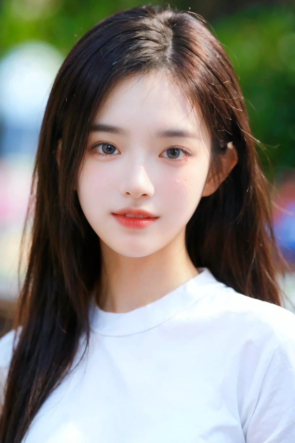 very detailed eyes, very detailed face, best quality ,masterpiece, very detailed, very detailed, (realistic, photo-realistic:1.3), laugh, (facing forward), looking at viewer, white shirt, sunny day, outdoor, 1woman upper body, with blue eyes 