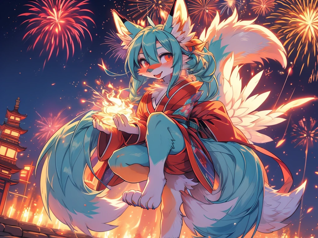 ((A masterpiece))The best quality, Japanese Teen Hatsune Miku x Kitsune , fox face elongated snout add detail, Surprise face, add heated_Detailsl,, kitsune warrior in spring hanami add_Detailsl:1, add barefoot_Detailsl:1 mystical aura, enjoy the fireworks add_Details