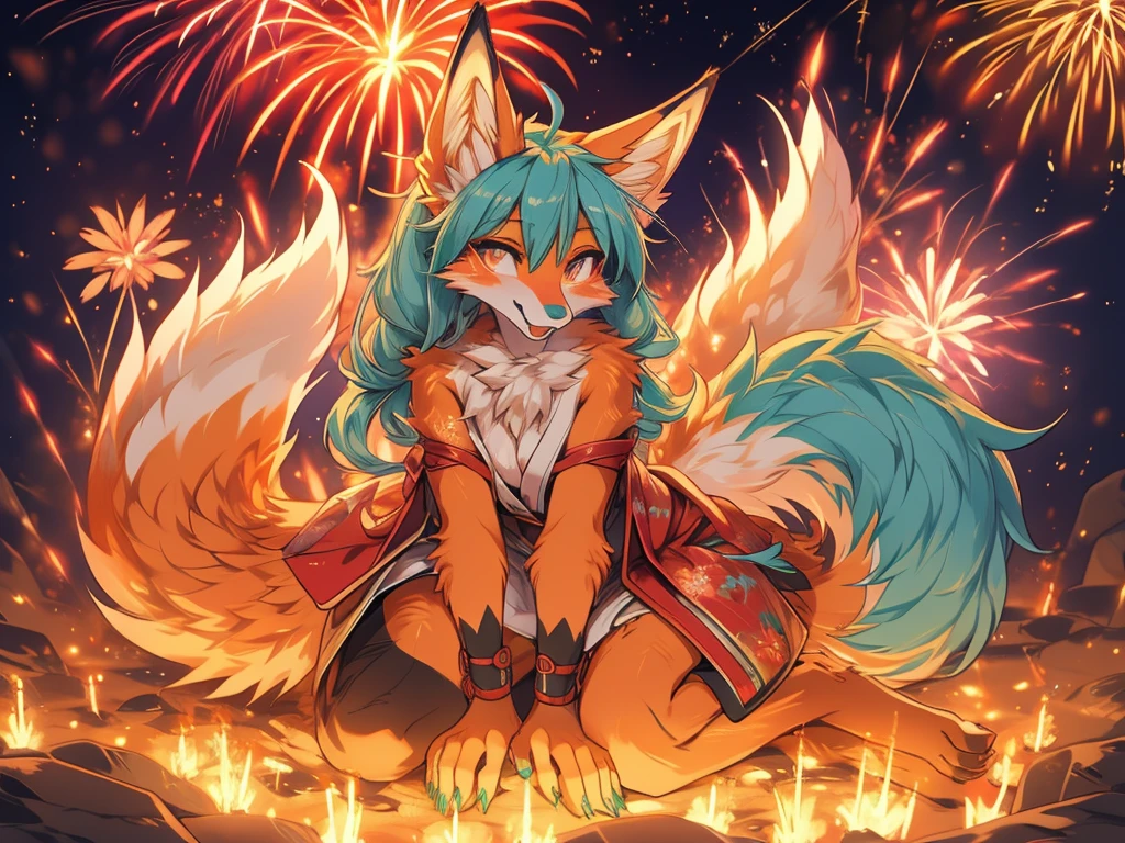((A masterpiece))The best quality, Japanese  Hatsune Miku x Kitsune , fox face elongated snout add detail, Surprise face, add heated_Detailsl,, kitsune warrior in spring hanami add_Detailsl:1, add barefoot_Detailsl:1 mystical aura, enjoy the fireworks add_Details 