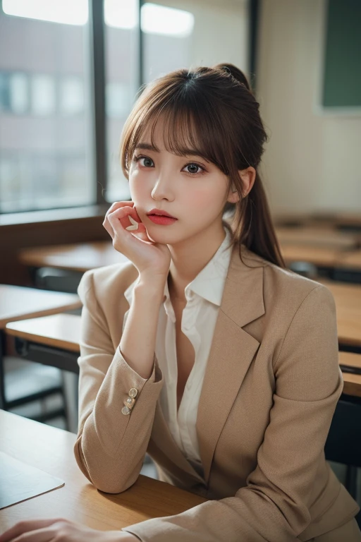 (masterpiece:1.5)、(Realistic:1.5)、(Highest quality:1.4、8k、RAW Photos)、
Ultra-high resolution、Professional Lighting、Perfect dynamic composition、classroom、
Film Grain、chromatic aberration、(Bokeh:1.1)、
Frank、Sophisticated、charm、Surreal、Attention to detail、Golden Ratio、
(1 girl)、Slender girl、Delicate and charming girl、Cute Woman:1.4、
Serious expression、Looking at the audience、Long Hair、
Light brown hair、Shiny Hair、Hairstyle: ponytail、
Realistic looking skin、
Beautiful Eyes、double eyelid、Thin arms、、High 、blazer、Dress shirt、skirt