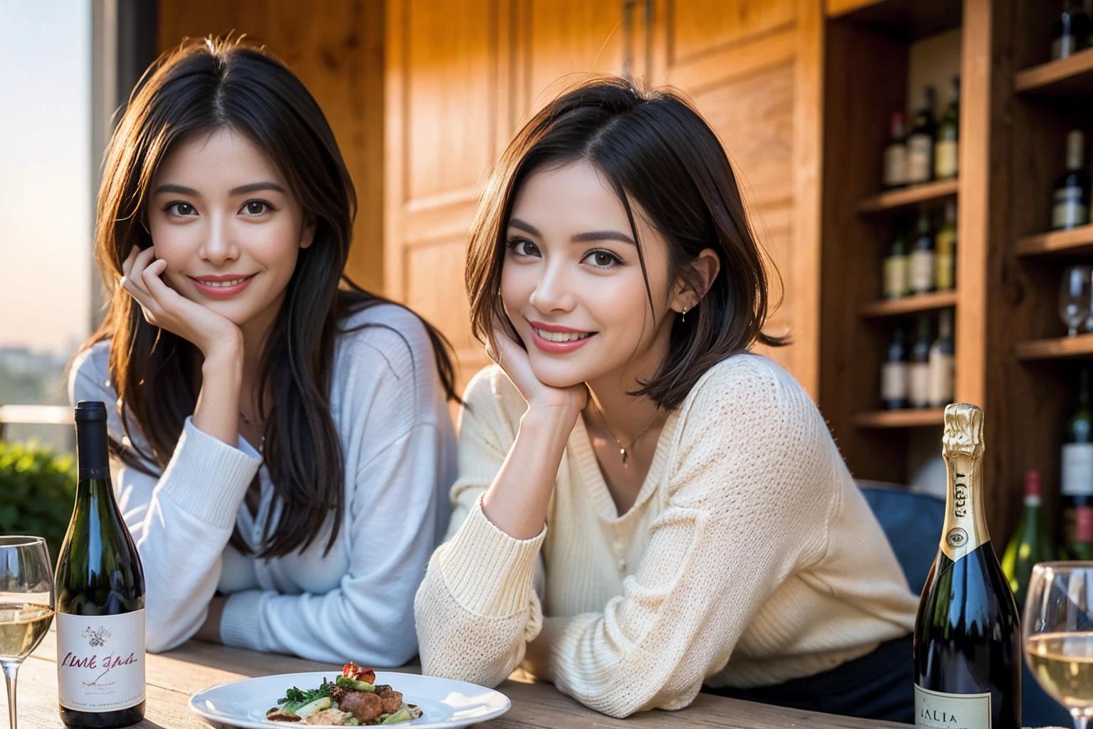 （Realistic:1.1）,(masterpiece,Highest quality)，8k,(49 years old), 50 years old, slimカップル、Tight waist,Upper Body,full-course dinner、wine 、Amazing view of the sunset sky and clouds、Perfect Anatomy, Brown Hair, short hair,Random Hairstyles,((Highly detailed face and eyes:1.2))，Perfect golden ratio face，Long sleeve shirt、dress,(smile:1.2)、Shortcuts、cute、(Realistic, Intricate details:1.2), A bright smile、short hair,Bright Face、赤wine 、Appetizers、Italian food、wine bottle、Champagne、スパークリングwine、(slimな顔), (The body is slim), (Brown Hair), (Shortcuts),  Upper Body, 白wine, slim, wineグラス, 
