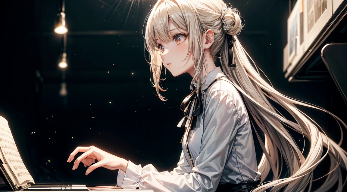 Woman playing piano, 1 girl、Particles of light, White Dress, masterpiece、(Detailed eye features)、(Detailed facial features)、(Detailed clothing features)、shirt、hair band、Red eyes、Skirt、Best、Long sleeve、Blonde、白のshirt、Neck ribbon、襟付きshirt、Black Skirt、黒いBest、From the side、Depth of written boundary、Particles of light、Piano chair, Classical Music,