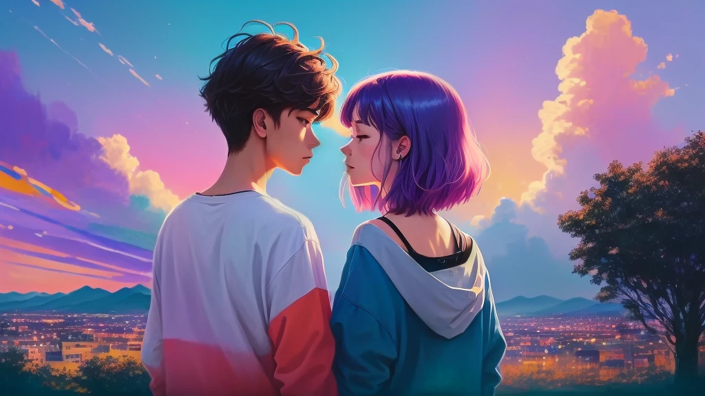 A painting of two people standing in front of a colorful sky, Music video, music being played, plays music, Trending in Spotify, Chill Hop, Lofi Artstyle, Music Album Art, lofi album art, atmospheric artwork, Music album covers, various Artists, play, artwork, album artwork, Youtube thumbnails, trending on artistation, Random Artist, Lofi Art