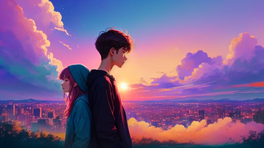 A painting of two people standing in front of a colorful sky, Music video, music being played, plays music, Trending in Spotify, Chill Hop, Lofi Artstyle, Music Album Art, lofi album art, atmospheric artwork, Music album covers, various Artists, play, artwork, album artwork, Youtube thumbnails, trending on artistation, Random Artist, Lofi Art