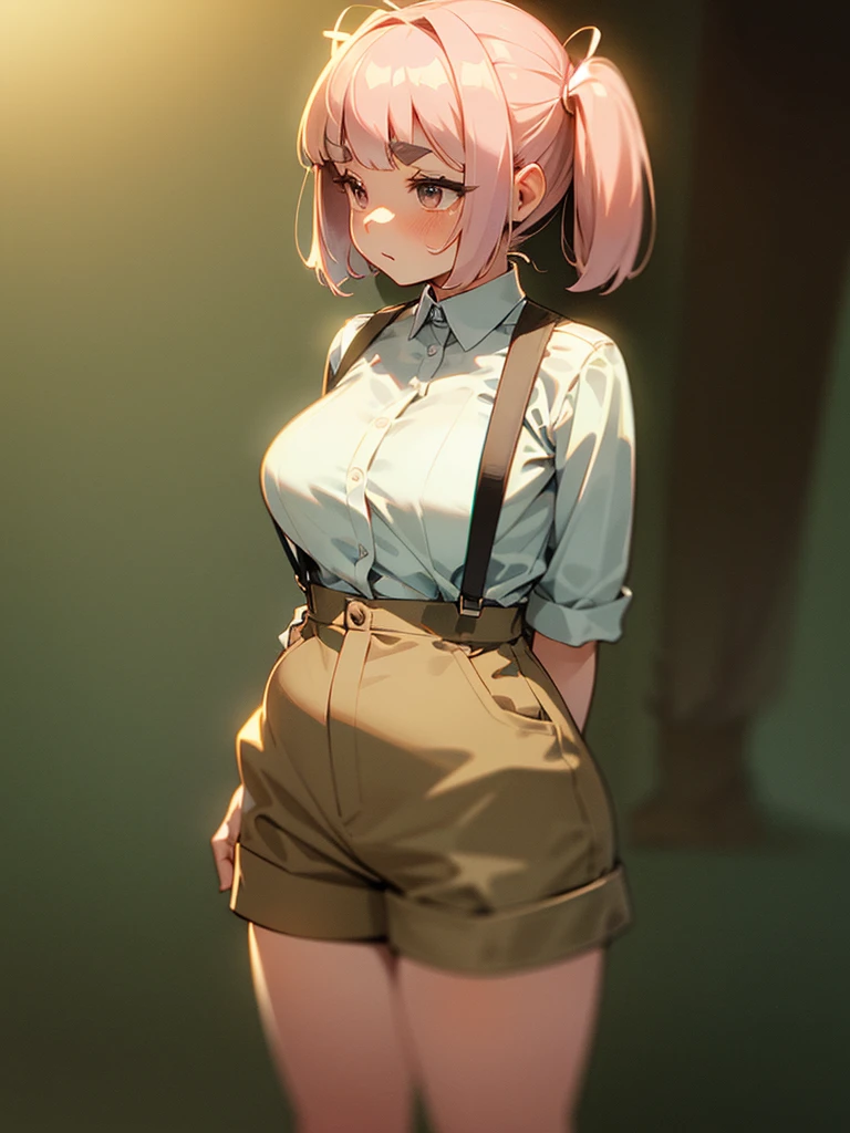 (Sumilux f1.4 50mm , low Latitude old color negative film , cross process , bokeh, flare, chromatic aberration , soft focus, (Shallow focus) , soft glow , Maximum aperture, high Key , Transparent depiction) , hentai anime style , innocent erotica , girl , Thick thighs , Short stature , (blunt bangs , Pixie Cut , Twin tail hairstyle ) , (round maro eyebrows:1.2) , (Baggy short Culottes) , suspenders , twin melons