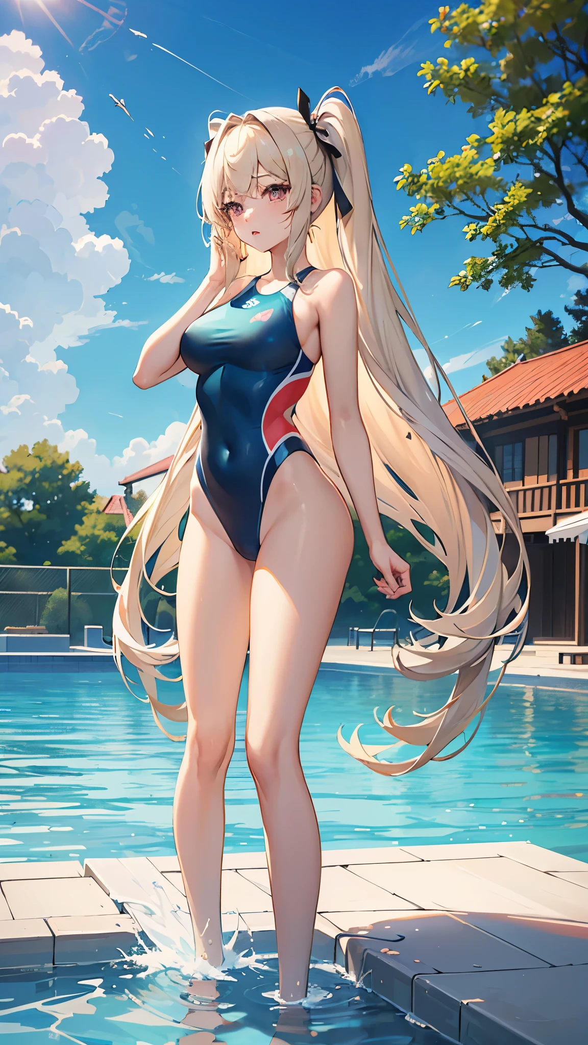 ((Best Quality)), (ultra-detailliert), ((Extremely detailed)), (Beautiful), ((Kawaii Girl)), ((UHD)), (masterpiece), (high quality), (best quality), (4K), (high quality), 1, solo woman, 1woman, ((platinum blond hair)), parted bangs, ((hair intakes)), long hair, (hair two side up long), ((jade colored eyes)), slanted eyes, large breasts, slender body, competition swimsuit, Pool Background, (blue sky:1.3), solar, sunlight, anime
