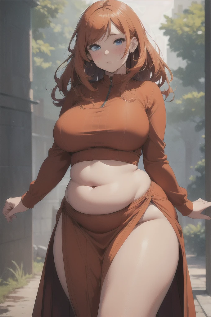 ((Masterpiece)), perfect anatomy, perfect shading, field of depth, (best quality), extremely delicate and beautiful, perfect lighting, detailed face, ultra cute face, cute, (cowboy shot 1.2), full body, (((1girl))), ((solo)), looking at viewer,

Nami, orange hair, blue eyes, ((blush)), (red cheeks), shy, nervous (red long dress 1.5), extremely tight clothes, ((a bit chubby)), ((a bit chubby belly bottom)), (sexy), big deep navel, fat rolls, medium breasts, ((wide hips)), (((thick thighs))), ((curvy)), super fat belly, obese

intricate background, detailed background, hand on hip