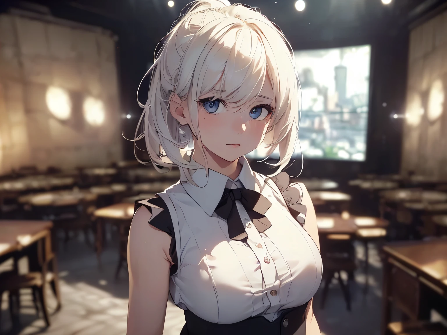 Highest quality, Ultra-high resolution, One Girl, sleeveless white button-up shirt, Black Skirt, cute,(Platinum Blonde Hair:1), ((Puffy eyes)), Show Viewer(Depth of Field HDR 8K 4K Wallpaper Cinematic Angle, Cinema Lighting,:1.5) (masterpiece, Highest quality:2.0),City Pop,Inside the cafe