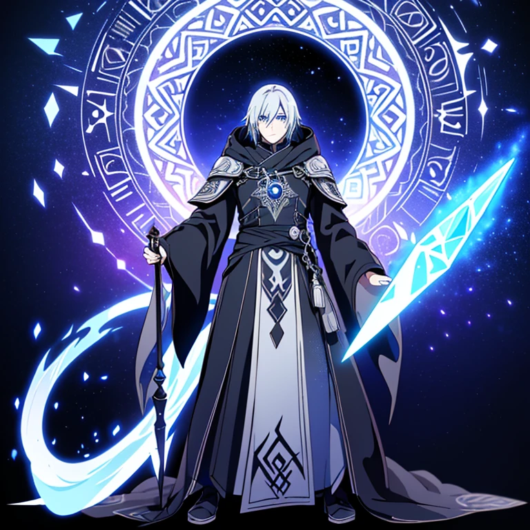 Full body, beautiful eyes , 1 guy , full body , anime style , cute eyes , (standing up) , ( Noctis is a tall, imposing figure in his late thirties with pale skin and piercing, deep blue eyes. He has long, silver hair that flows past his shoulders.In his Eclipsal Seer attire, Noctis wears a long, flowing robe made of dark, shimmering fabric that seems to absorb light. Intricate runes and symbols are embroidered in silver thread along the hem and sleeves, and a hood often covers his head, casting his face in shadow. His staff, topped with a crystal orb containing swirling dark energy, completes his mystical appearance.)