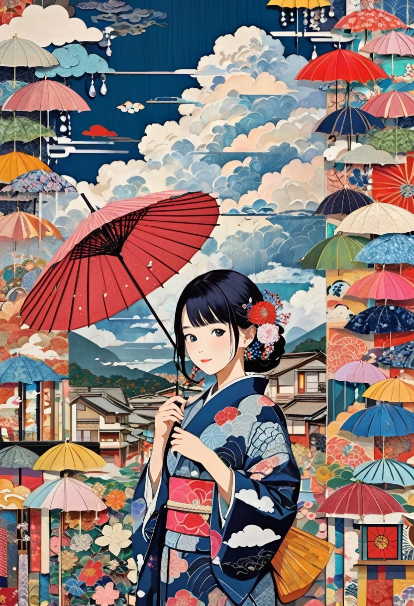 (masterpiece, best quality),
woodblock print collage depicting,american girl,she is surrounded by various raindrop and Parasol symbols,detailed face,yukata,natsumatsuri, cumulonimbus cloud,colorful, collage art, contemporary artistic collage, shade,