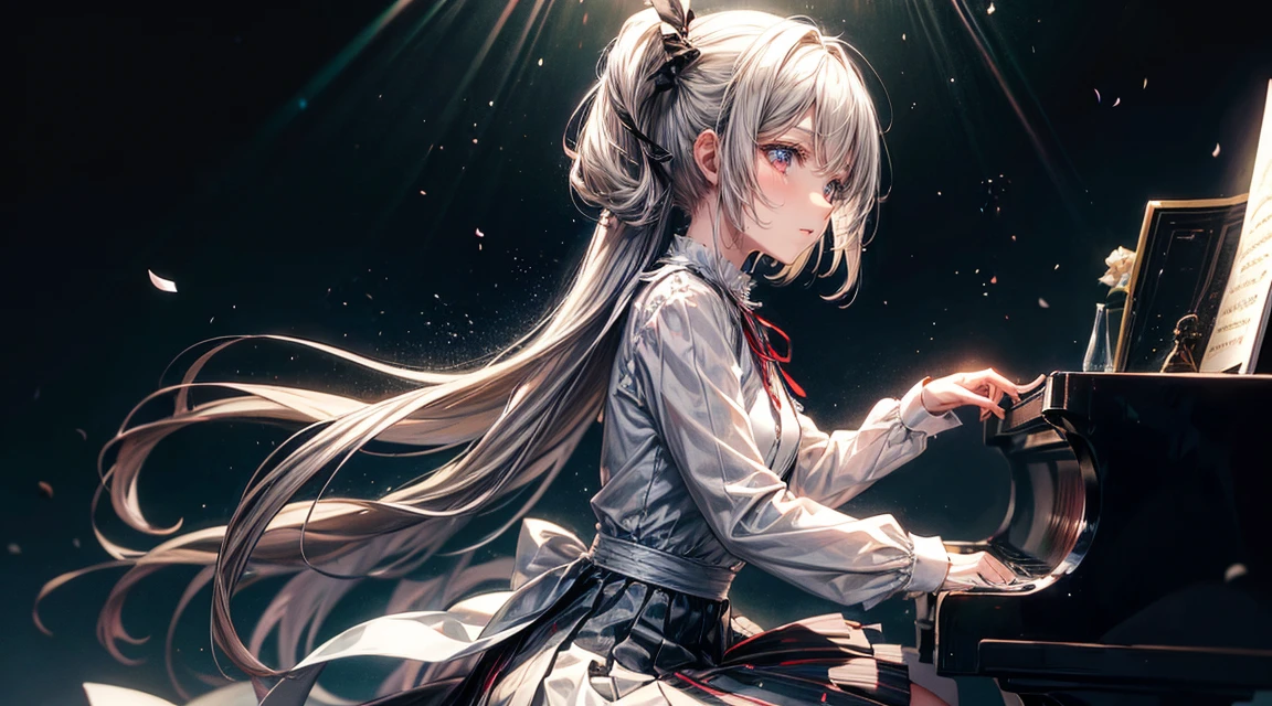 Woman playing piano, 1 girl、Particles of light, White Dress, masterpiece、(Detailed eye features)、(Detailed facial features)、(Detailed clothing features)、shirt、hair band、Red eyes、Skirt、Best、Long sleeve、Blonde、白のshirt、Neck ribbon、襟付きshirt、Black Skirt、黒いBest、From the side、Depth of written boundary、Particles of light、Piano chair, Classical Music,