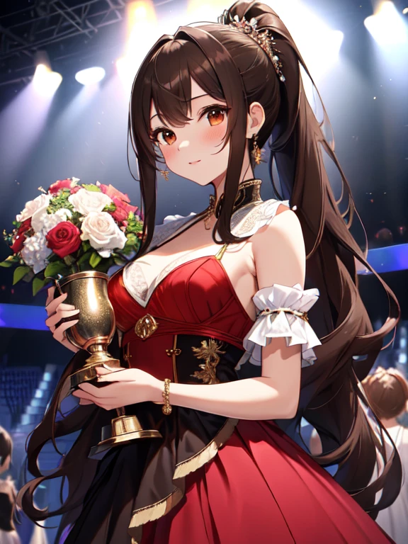 Evening Dresses, Lifting the trophy, Background is the stage, cute, beautiful, she, cute顔:1.5, Petite:1.5, , Long Hair:1.5, ponytail, Brown Hair, Small breasts, uhda, masterpiece, ccurate, anatomically correct, textured skin, super detail, high details, high quality, best quality, highres, 4K