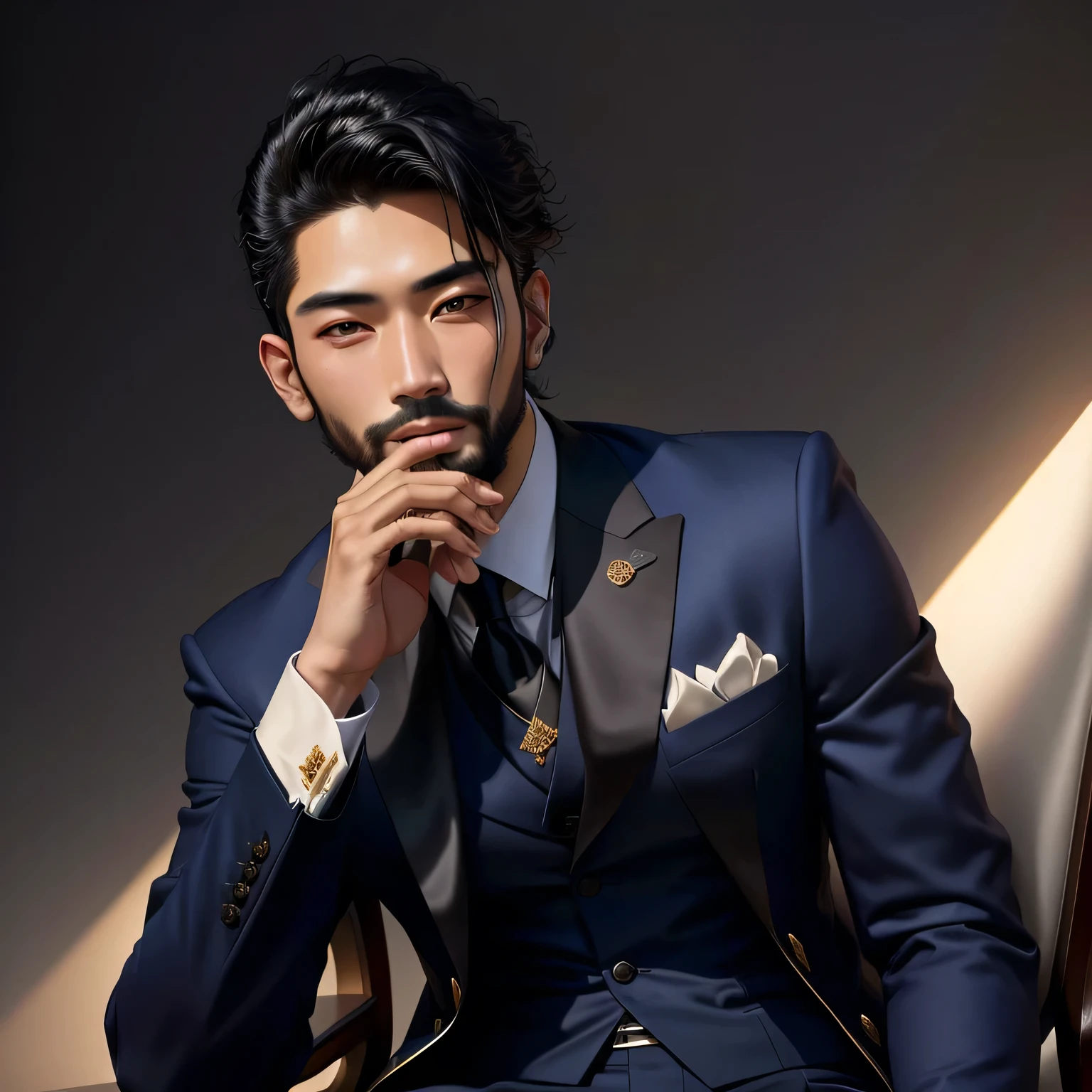 Arabian man in a suit sitting on a chair with his hand on his chin, Inspired by Joong Keun Lee, inspired by Yukihiko Yasuda, christopher cao, ryan jia, Kim Tae-jun, Peter Chan, Steven Jung, jeremy cheung, korean artist, Filmed in the early 2020s, Ruben Wu, Inspired by Russell Dongjun Lu