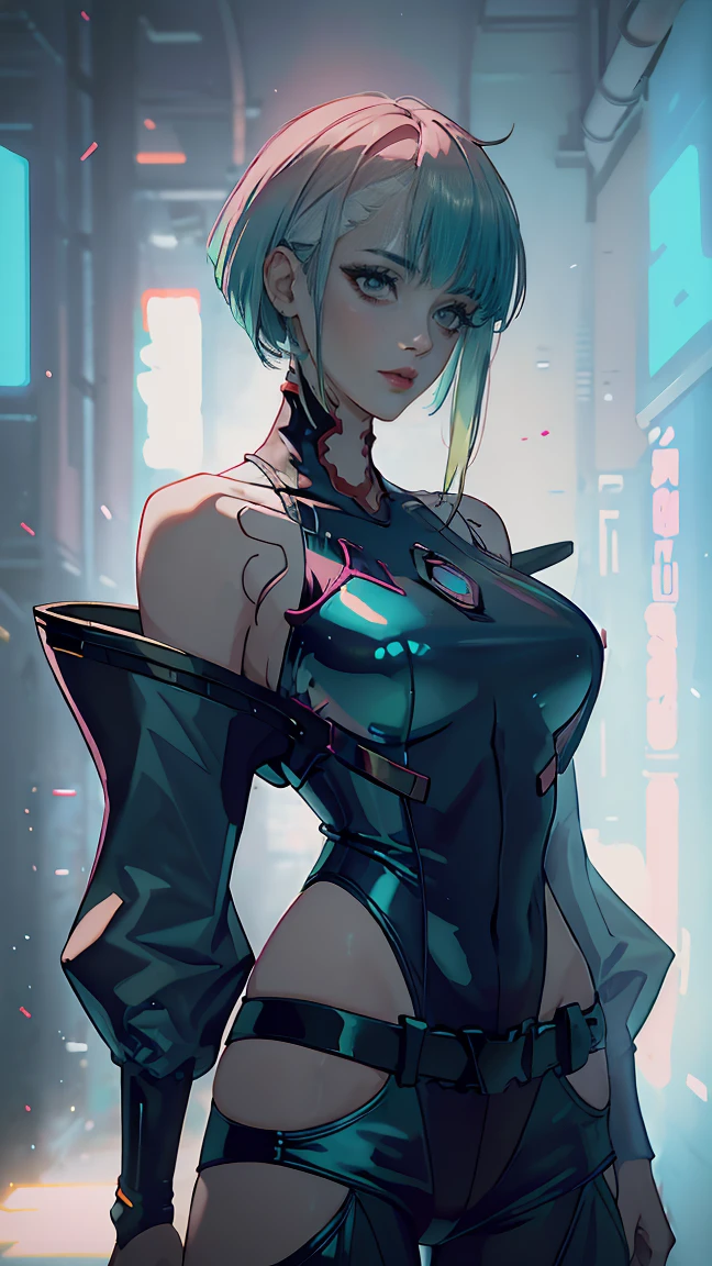 1 girl, One, Lucy \(cyberpunk\), cyberpunk \(row\), Asymmetrical Hair, short hair, blue hair, green hair, pink hair, multicolored hair, Blue eyes, Eyeliner, eyeshadow, draw up, bare shoulders, portrait, I look at the viewer, cyberpunk, hlpr, Futuristic, hologram, failure, holographic face, пользовательский interface, interface, Nodes, particles, depth of field, hips, masterpiece, Best quality, very aesthetic, absurdity,