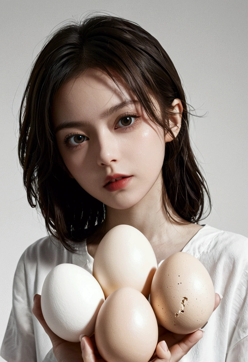 The white girl is coming out of the eggshell,Accurate structure,Lively action,Simple background,Minimalism and lots of white space,Asymmetrical composition,No extra stuff,Oblique angle shot,Sci-fi poster texture grainy,Old photo noise faded scratches,Award-winning work