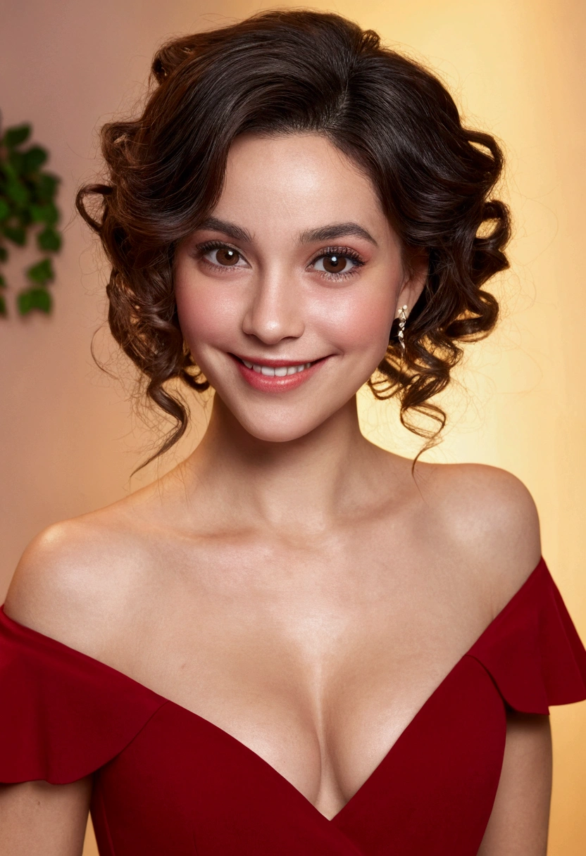 Karen, (Ultra réaliste), (Meilleure illustration), (augmenter la résolution), (8k), (chef-d&#39;œuvre), (fond d&#39;écran), seulement, 1 fille, regarder les spectateurs, cheveux raides noirs, Corps mince, seins dodus, pureerosfaceace_V1, sourire heureux, robe moulante couleur rouge dans une soirée
