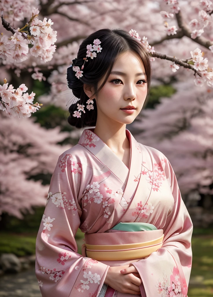 a beautiful japanese woman in a kimono standing under a cherry blossom tree,1girl,detailed facial features,beautiful eyes,beautiful lips,long eyelashes,intricate kimono design,cherry blossoms,detailed background scenery,soft lighting,muted color palette,cinematic composition,highly detailed,photorealistic,digital art,masterpiece