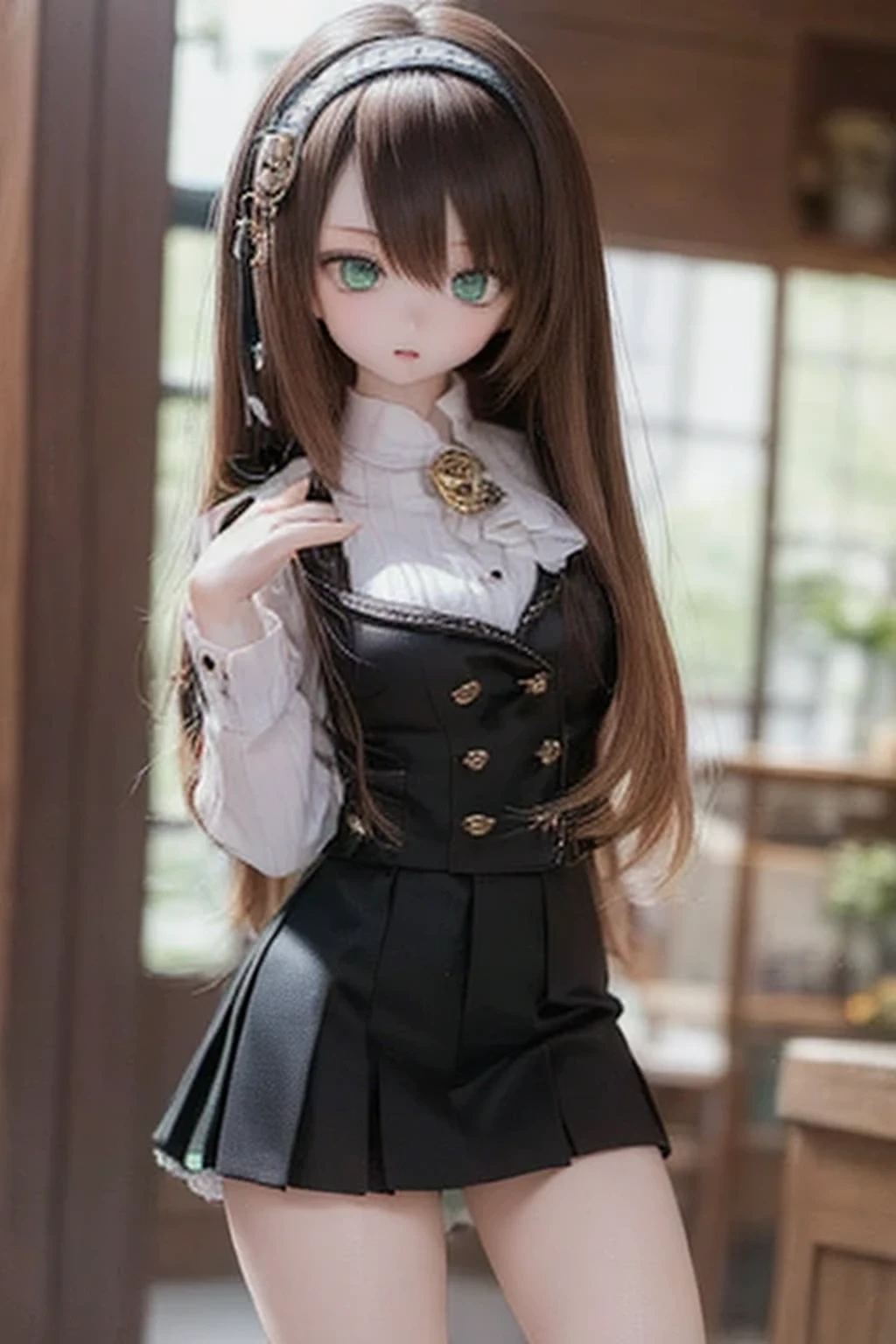 (SFW:2), photorealistic, realistic photo, 8k, ((highest quality)), ((masterpiece)), (extremely detailed), kukolnydom, doll, (mature woman, 21yo, 21 years old, solo:1.6), ((cowboy shot, stylish pose, slim, slender, skinny, medium breasts, hairband, ascot, vest, blouse, long puff sleeves, pleated skirt, black pantyhose)), (green eyes, brown hair, long hair, plastic skin, looking at another, glass eyes, gradient eyes, shining eyes, detailed eyes:1.3)