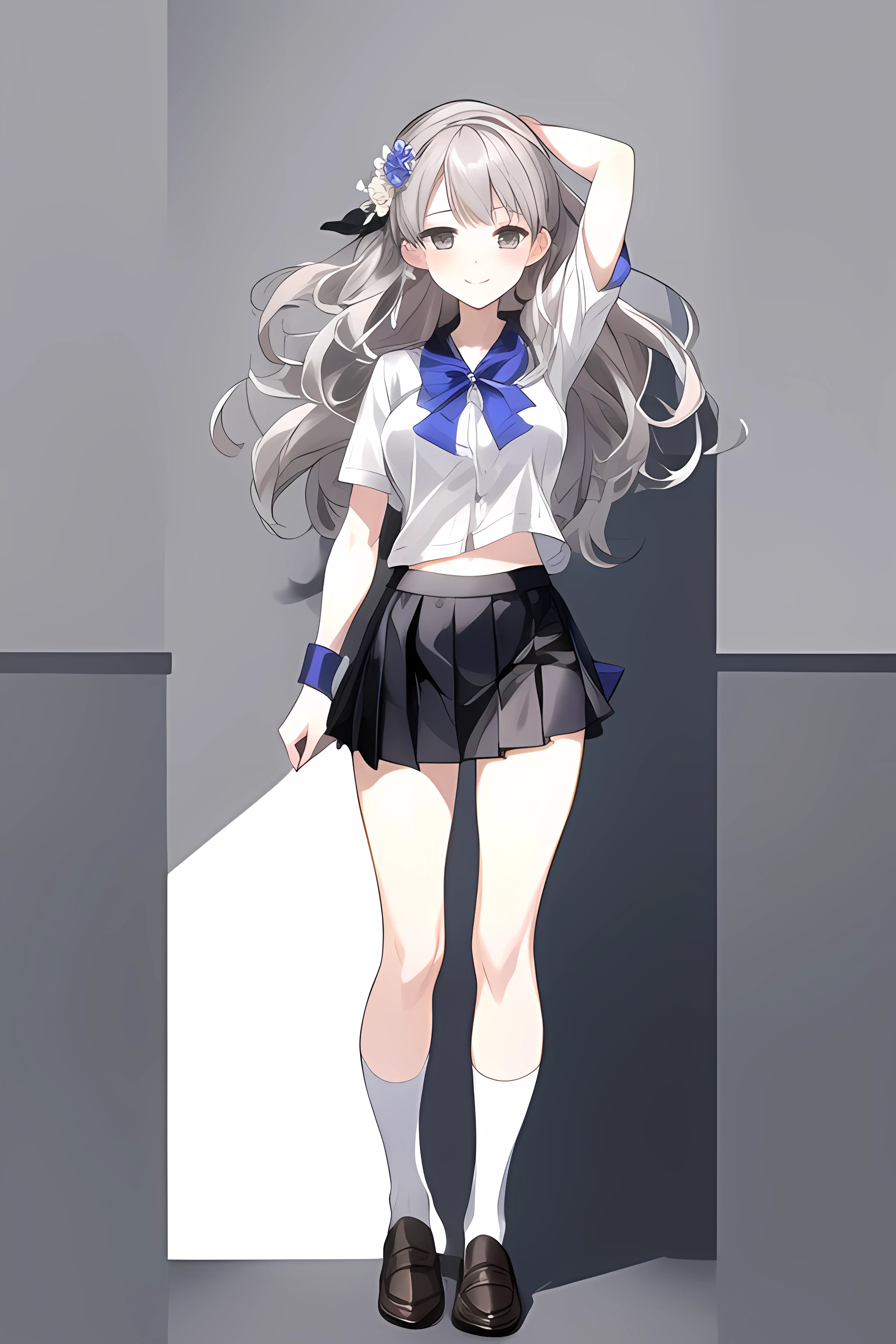 masterpiece, best quality,fuyusaka iori 1, 1girl, solo, hair flower, white shirt, short skirt, pleated skirt, black skirt, hair ornament, flower, long hair, full body, white socks, gray hair, white flower, gray eyes, looking at viewer, classroom background, middle breast, smile, shameful face, loafers, cowboy shot, arms behind head, adult, ecstasy face, cowboy shot, pussy, (standing at spread their legs), stay upright, navel,