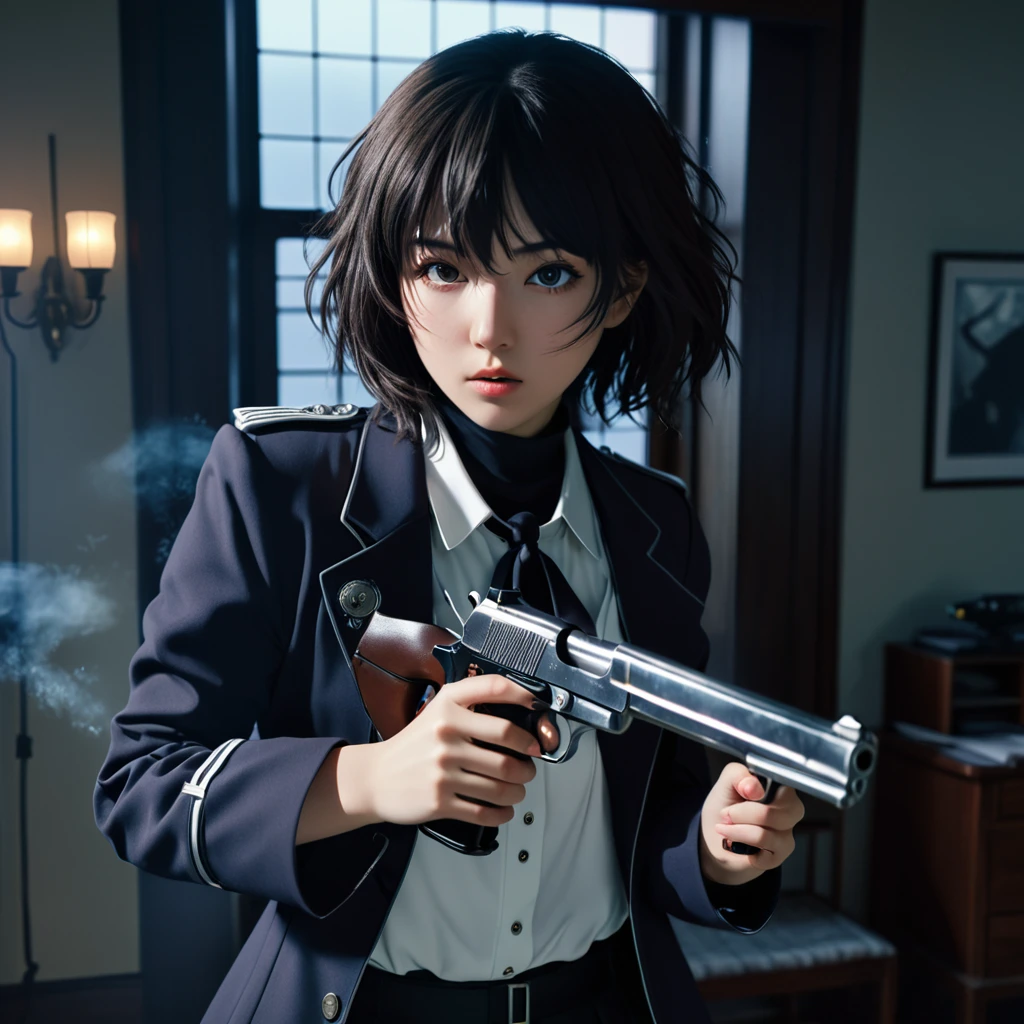 anime girl holding a gun in a room with a broken window, anime. Soft lighting, anime shot, female action anime girl, badass anime 8 k, Boogiepop Phantom, fubuki, anime style 4 k, anime style mixed with fujifilm, inspired by Kaburagi Kiyokata, photorealistic anime, With a pistol, anime lighting